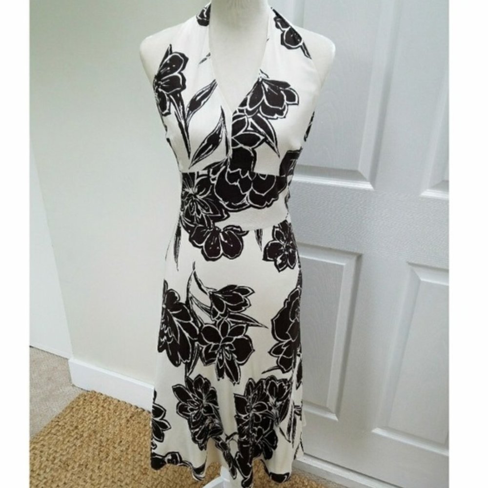Ann Taylor Floral Halter Dress Brown & Cream Sz14